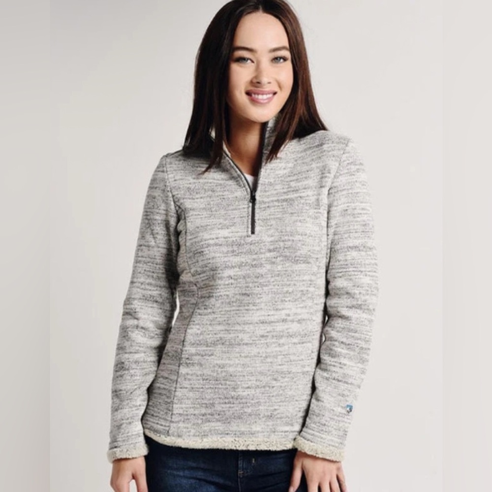Kuhl Alaska Quarter-Zip Pullover Faux Shearling Trim Gray Cream Womens Sz Small